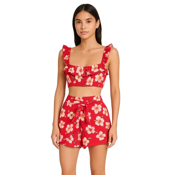 MAJORELLE Pants - Majorelle Red Fruit Punch Ruffled Floral Crop Top Shorts Set Womens XXS